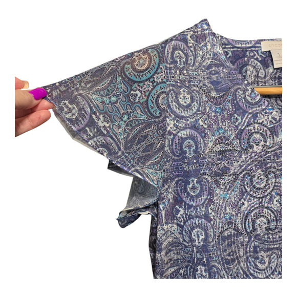 Chico’s Women’s M Paisley Sequin Top Purple Blue Boho Flutter Sleeve Festival - Picture 5 of 9